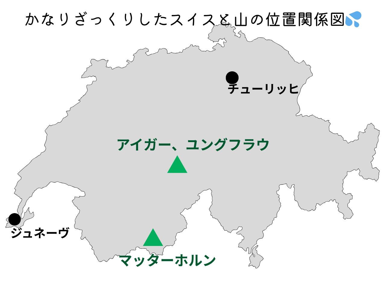 スイスの地図とマッターホルンやアイガーなどの山の位置関係